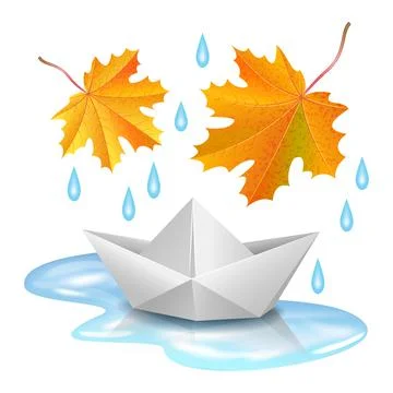 Paper boat in puddle, raindrops and falling orange maple leaves. Origami ship Stock Illustration