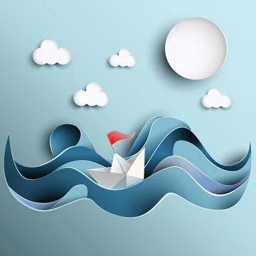 A paper boat sails on the waves with a red flag. Stock Illustration