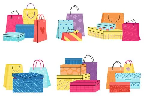Paper box and bags stack. Shoes boxes collection, craft store branding gifts and Stock Illustration