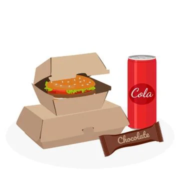 Paper box with burger, cola and chocolate. Kids school lunchbox or office break Stock Illustration