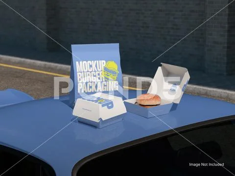 Paper Box for Burger Mockup on a Car 3D Rendering Fast Food Takeaway Packaging PSD Template
