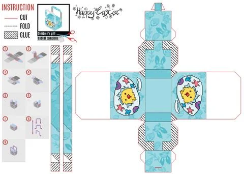 Paper box template for easter holiday with yellow chicken Stock Illustration