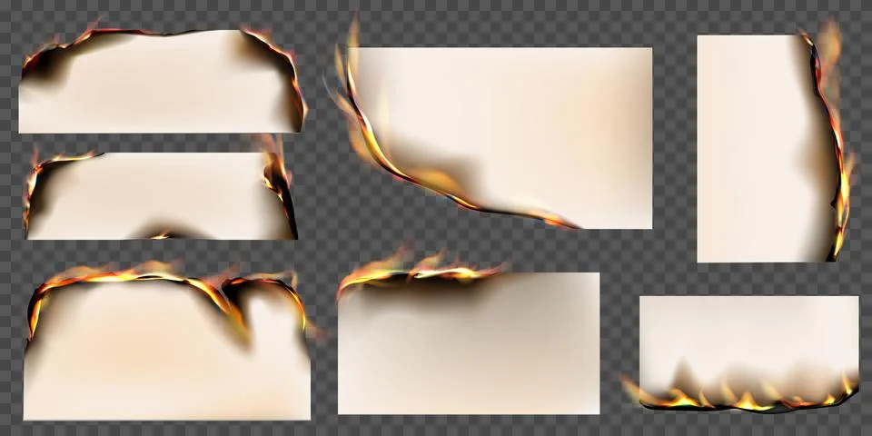 Paper burn vector realistic illustrations set, ablaze parchment sheet side with Illustration