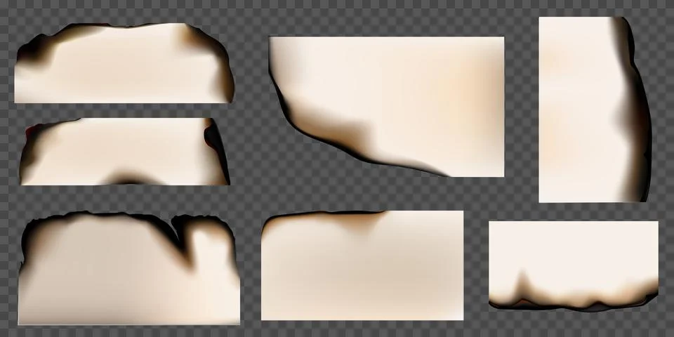 Paper burnt realistic vector set, charred paper edge, side or parchment sheet Illustration