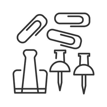 Paper button, clips and staples black line icon. Tems for fasteners notes con Stock Illustration