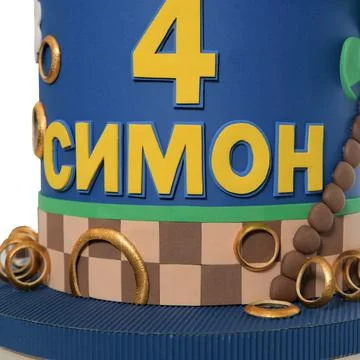 Paper cake, made in a design with different cartoon characters. Birthday cake Fotos de archivo