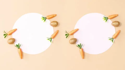 Paper card notes with Easter decorations on beige background. Stop motion Stock Footage 150828214