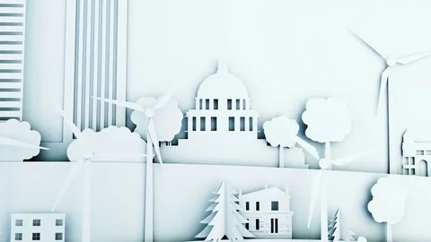 Paper cartoon city with wind power turbines. Ecological concept. Realistic 4k Vidéo 84036588