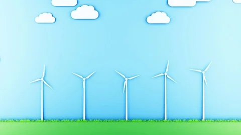 Paper cartoon landscape with wind power turbines. Ecological concept. Realistic Stockbeeldmateriaal 84037904