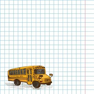 Paper cell notebook with hand drawn sketch yellow school bus Stock Illustration