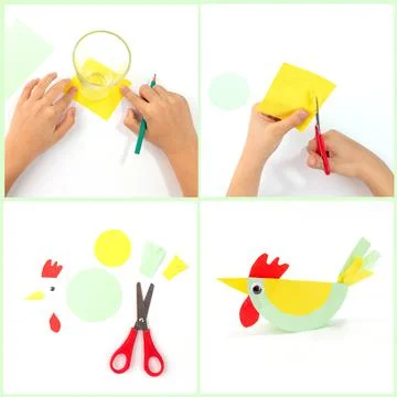 Paper chicken craft for kids, step by step instruction, DIY Stock Photos