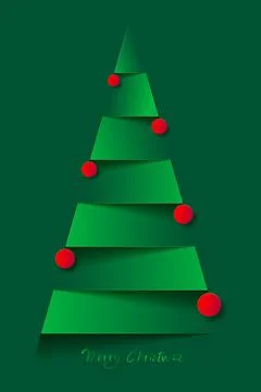 Paper christmas tree and red christmas balls. Vector new year card in paper cut Illustrazione stock