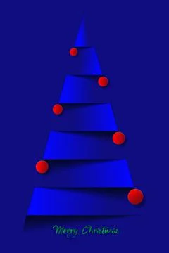 Paper christmas tree and red christmas balls. new year card in paper cut style Illustrazione stock