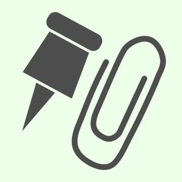 Paper clip solid icon. Paperclip and pushpin glyph style pictogram on white Illustrazione stock