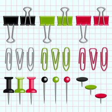 Paper clips and buttons on the notebook sheet Illustrazione stock