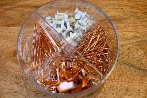 Paper clips in a compartmented box 库存照片