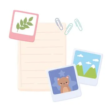 Paper clips note and photos element for work office top view design Stock Illustration