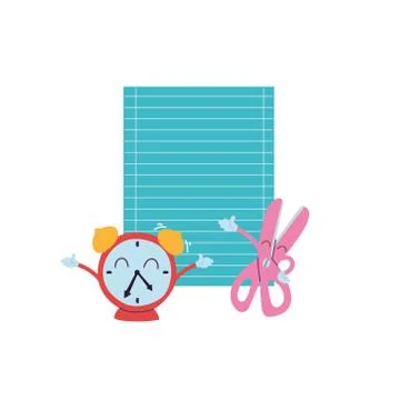 Paper, clock and scissors with happy face cartoon Stock Illustration