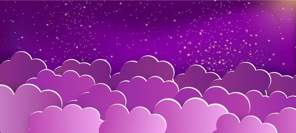 Paper clouds background. Purple clouds on the starry night sky Stock Illustration