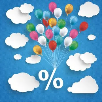 Paper Clouds Striped Blue Sky Balloons Percent Stock Illustration