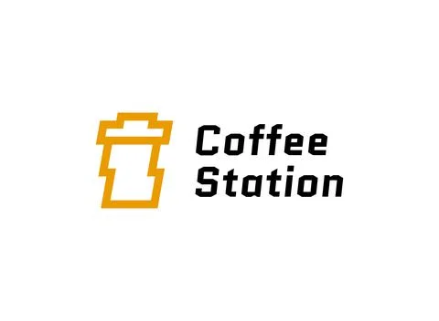 Paper coffee cup with lightning thunder bolts logo. Coffee station logotype Stock Illustration