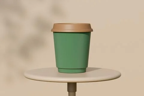 Paper coffee cup on round table against wall with shadows Illustrazione stock