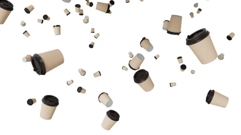 Paper coffee cups falling down on white background. Drink takeaway. 3D animation Stock Footage 159699056