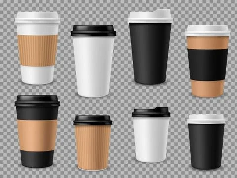 Paper coffee cups set. White paper cups, blank brown container with lid for Illustrazione stock