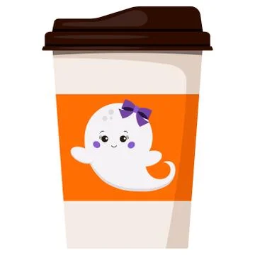 Paper coffee or tea cup decorated with flying ghost girl with bow isolated on Stock Illustration