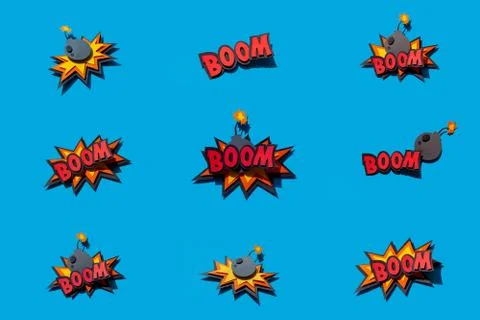 Paper comic speech bubble on blue background. Boom. Set of nine. Stock Photos