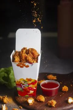 Paper container with fried crispy chicken popcorn nuggets on marble backgroun Stock Photos