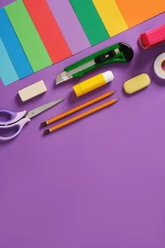 Paper craft table: scissors, knife, pencil, eraser, colored paper on purple b Foto stock