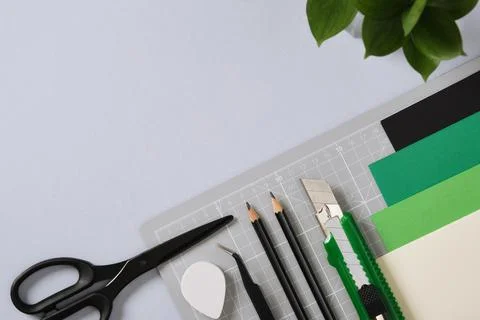 Paper crafting tools: scissors, craft knife, pencil, tweezers, eraser, cutt.. Foto stock