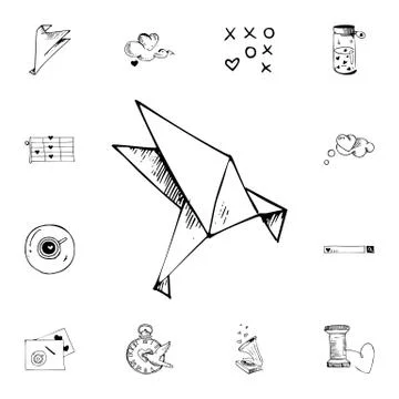 Paper cranes flat vector icon in valentine sketch pack Stock Illustration