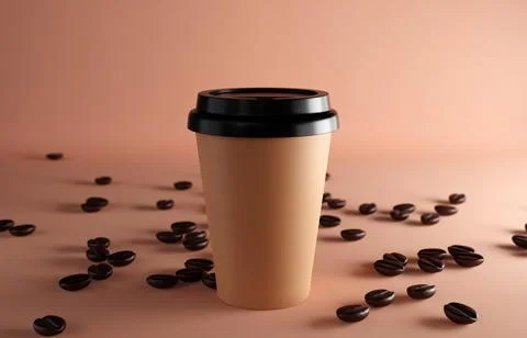 Paper cup and roasted beans on brown background Stock Illustration