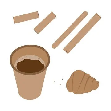 Paper cup with coffee and bitten croissant, stirring rod and sugar stick Sticker Stock Illustration
