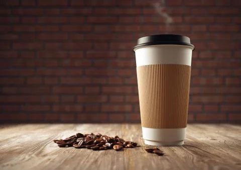 Paper cup of coffee with coffee beans on old wooden table Stock Illustration