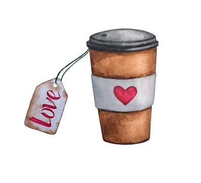 Paper cup with coffee or tea. Coffee To Go.  Romantic watercolor clipart. Stock Illustration