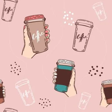 Paper cup of coffee pattern seamless vector repeat for any design. coffee bre 스톡 일러스트