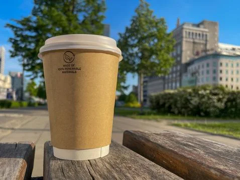 Paper cup of coffee on wooden bench in summer, spring park on sunny day. Coffee Fotos de archivo
