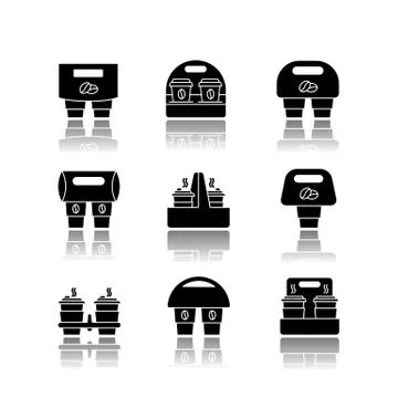 Paper cup holders drop shadow black glyph icons set. Coffee to go packages. Take Illustration