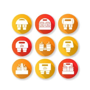 Paper cup holders flat design long shadow glyph icons set. Coffee to go packages Illustration