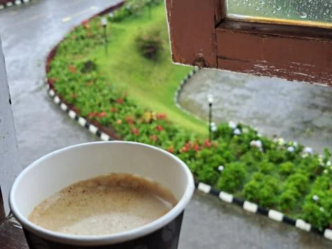 A Paper Cup of Hot Coffee by the Window with Rainy Garden View in Berastagi Stock Photos