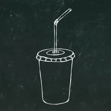 Paper Cup with Lid and Straw, Glass for Beverage Takeaway. Realistic Hand Drawn Stock Illustration