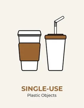 Paper cup with plastic lid, straw, plastic cup. Single-use white plastic uten Stock Illustration