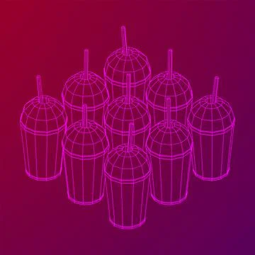 Paper cup with straw. Drink Fast food. Wireframe vector illustration Ilustración de archivo