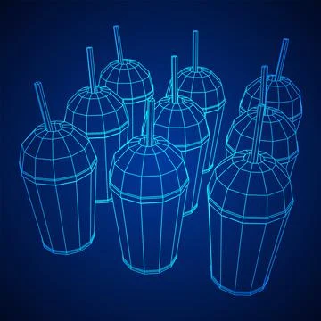 Paper cup with straw. Drink Fast food. Wireframe vector illustration Ilustración de archivo