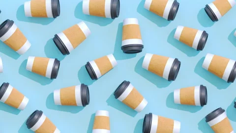 Paper cup of tea, hot coffee on blue background. Slow motion. 3D animation Stock Footage 225231464