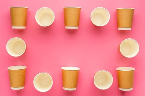 Paper cups pattern. Take away coffee or tea cups, top view Stock Photos