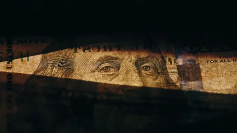 Paper currency ultraviolet light display closeup. Banknotes shining under lamp Stock Footage 332367092
